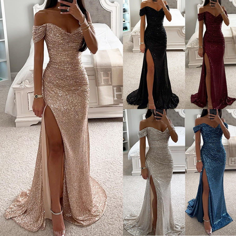 Vestido de noche de verano para mujer: largo, escotado y con lentejuelas, ideal para bodas y fiestas.