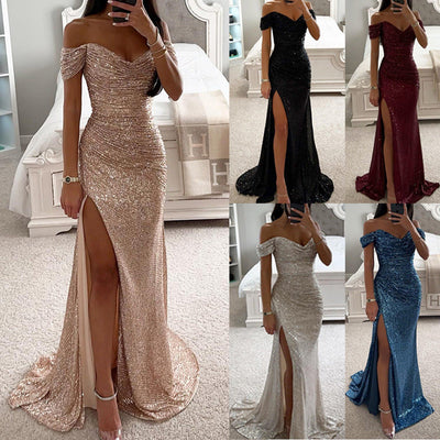 Vestido de noche de verano para mujer: largo, escotado y con lentejuelas, ideal para bodas y fiestas.