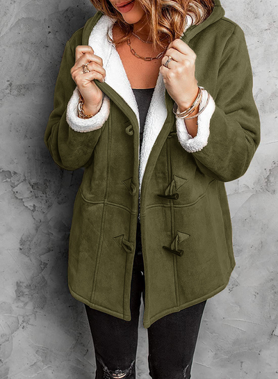 Cappotto invernale da donna con alamari, cappuccio e fodera calda
