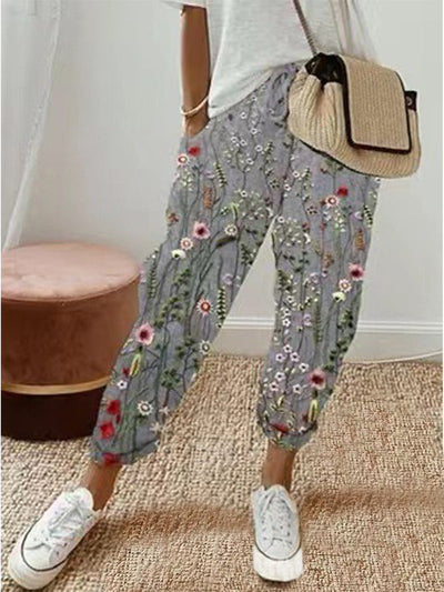 Sandra - Pantalon décontracté en coton et lin imprimé