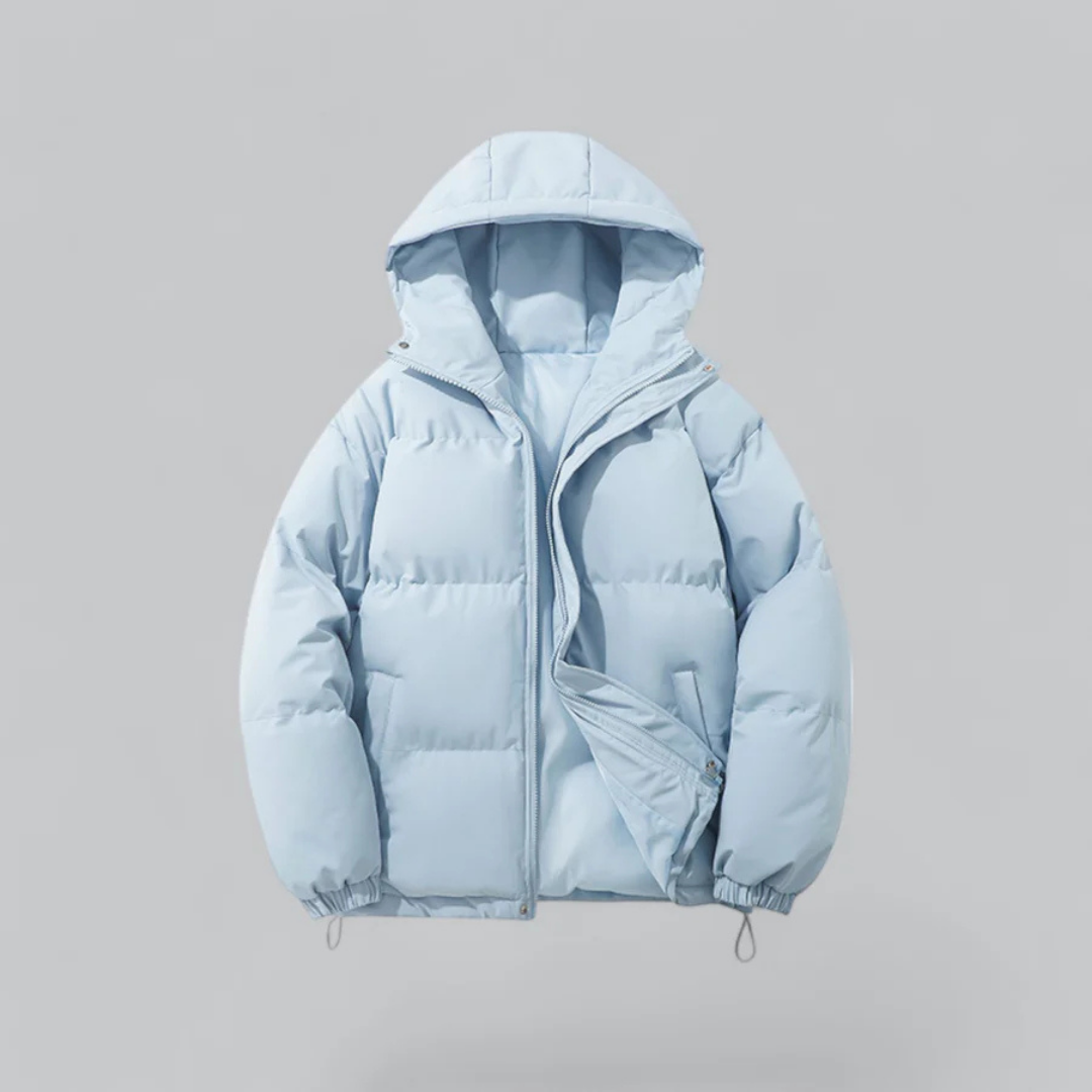Chaqueta corta unisex con capucha y cierre de cremallera.