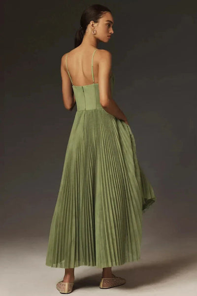 Ditte | Vestido midi ajustado y acampanado de tul plisado con bustier