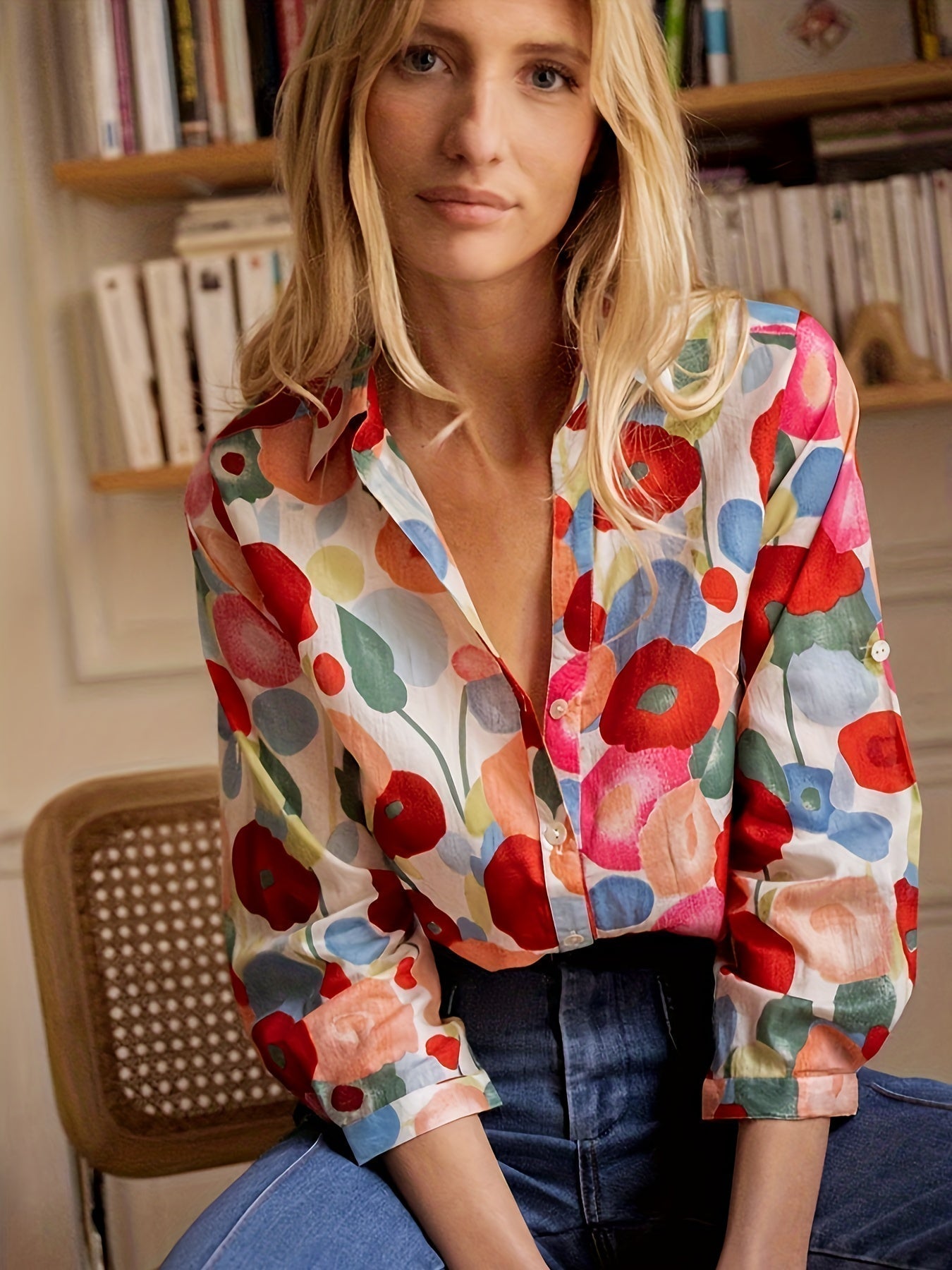 Chemisier Vienna pour femme, élégant motif floral rouge, coupe estivale féminine