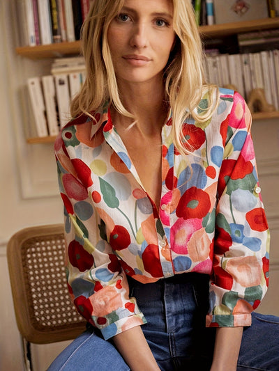 Chemisier Vienna pour femme, élégant motif floral rouge, coupe estivale féminine