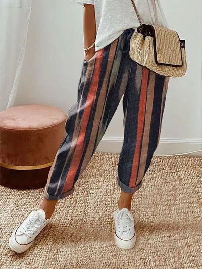 Sandra - Pantalon décontracté en coton et lin imprimé
