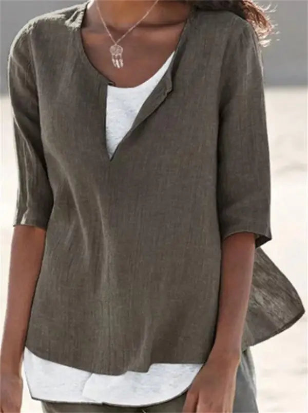 Elegante blusa de lino blanco con cuello redondo para mujer - Tamera