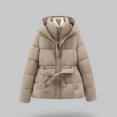 Giacca corta da donna con cappuccio e cintura invernale