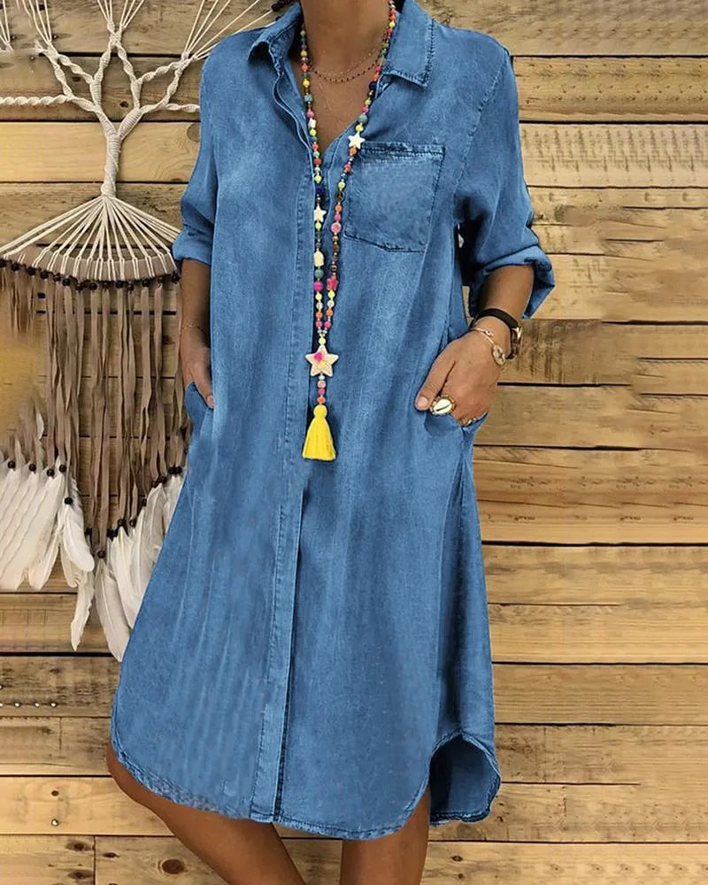 Vestido camisero de mujer - Corte holgado - Cierre de botones - Mangas tres cuartos - Look casual