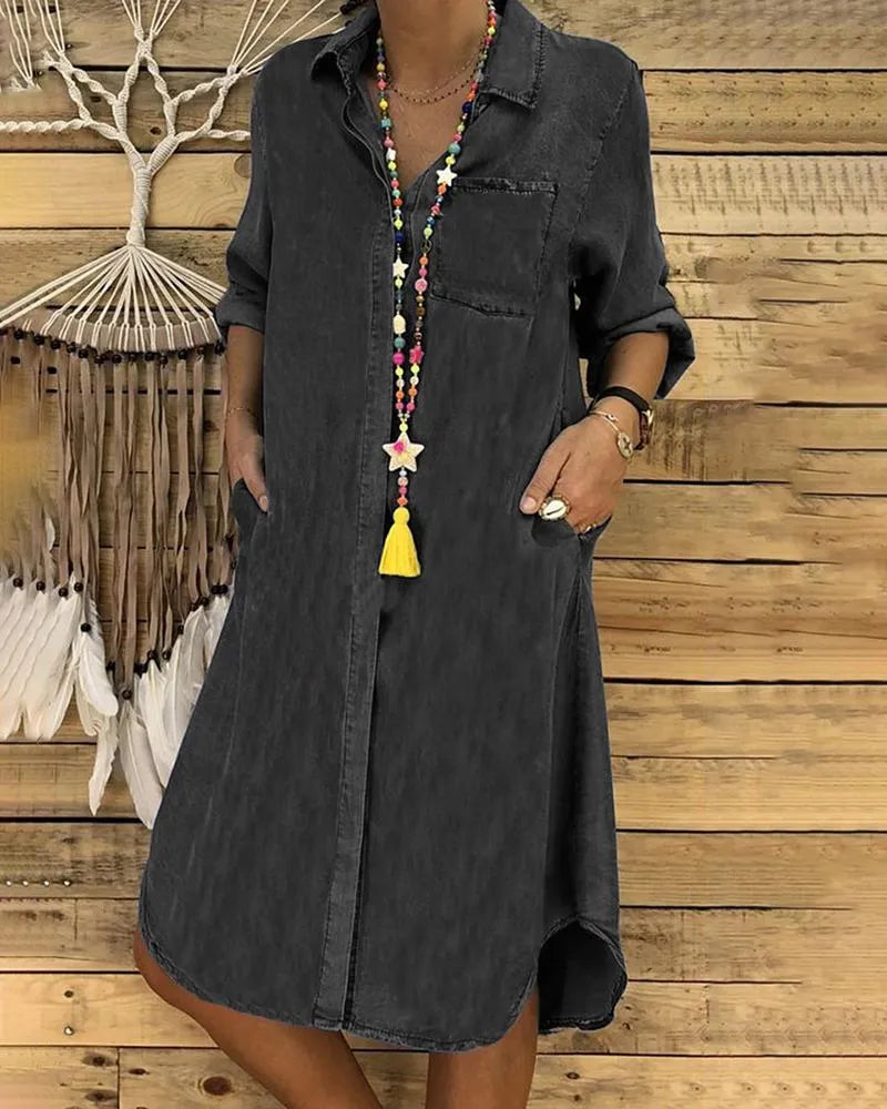 Vestido camisero de mujer - Corte holgado - Cierre de botones - Mangas tres cuartos - Look casual