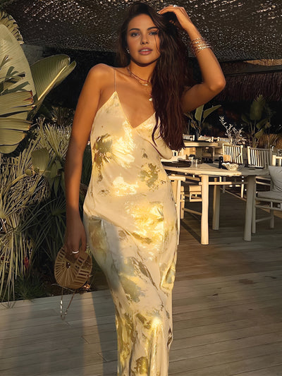 Jade - Vestido largo con cuello en V y estampado metalizado 