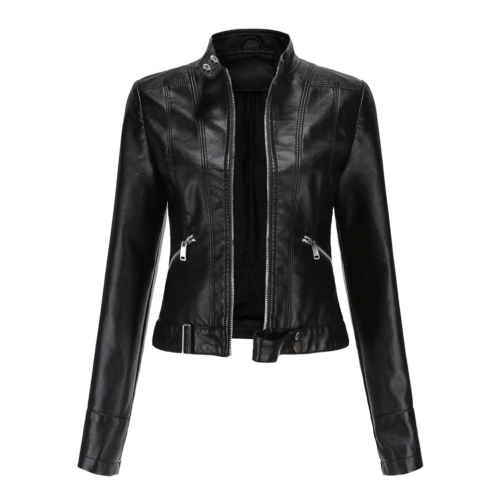 Chaqueta de cuero para mujeres con cremallera, cuello alto y cinturón