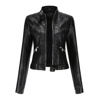 Chaqueta de cuero para mujeres con cremallera, cuello alto y cinturón