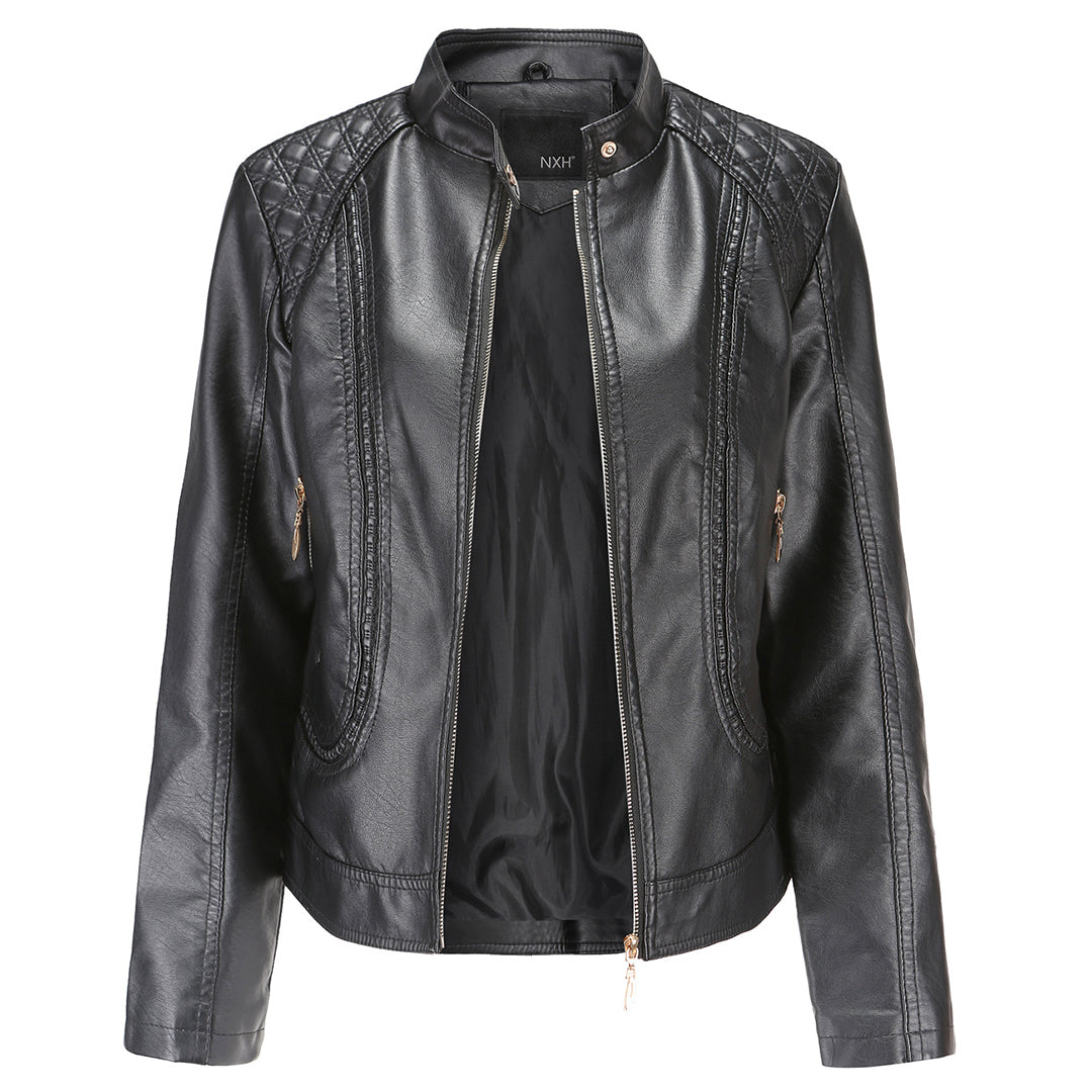 Veste en cuir PU avec cou féminin élevé