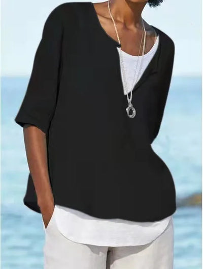 Elegante blusa de lino blanco con cuello redondo para mujer - Tamera