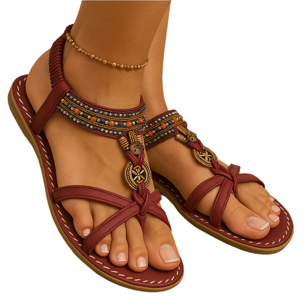 Sandalias bohemias de verano para mujer con tiras de cuentas y tacón abierto