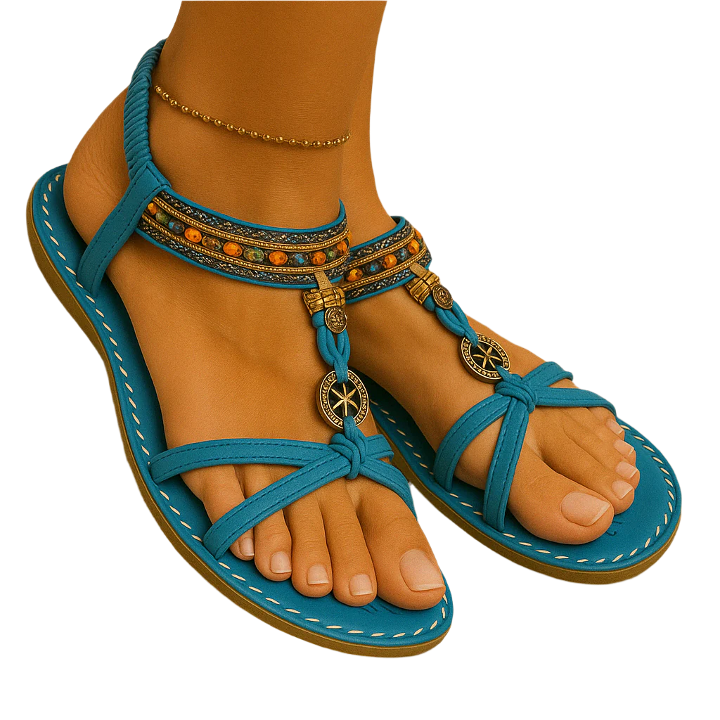 Sandalias bohemias de verano para mujer con tiras de cuentas y tacón abierto