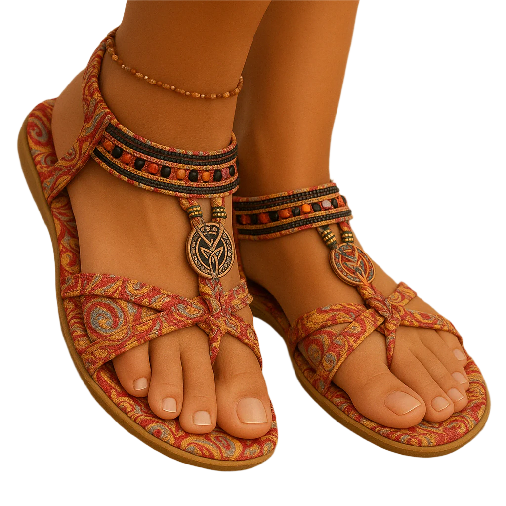 Sandalias bohemias de verano para mujer con tiras de cuentas y tacón abierto