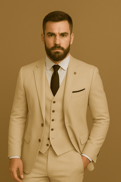 Costume homme 3 pièces en polyester beige de style classique - pour mariages et événements d'entreprise