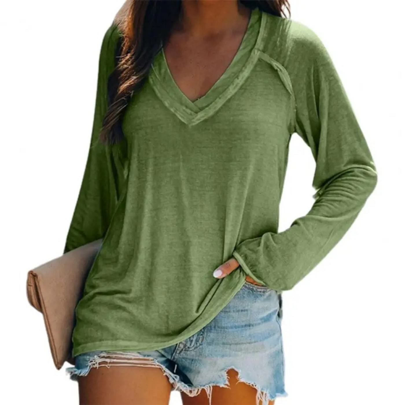 Eleanor - Élégante chemise blanche à manches longues et col en V avec coupe-vent pour femme
