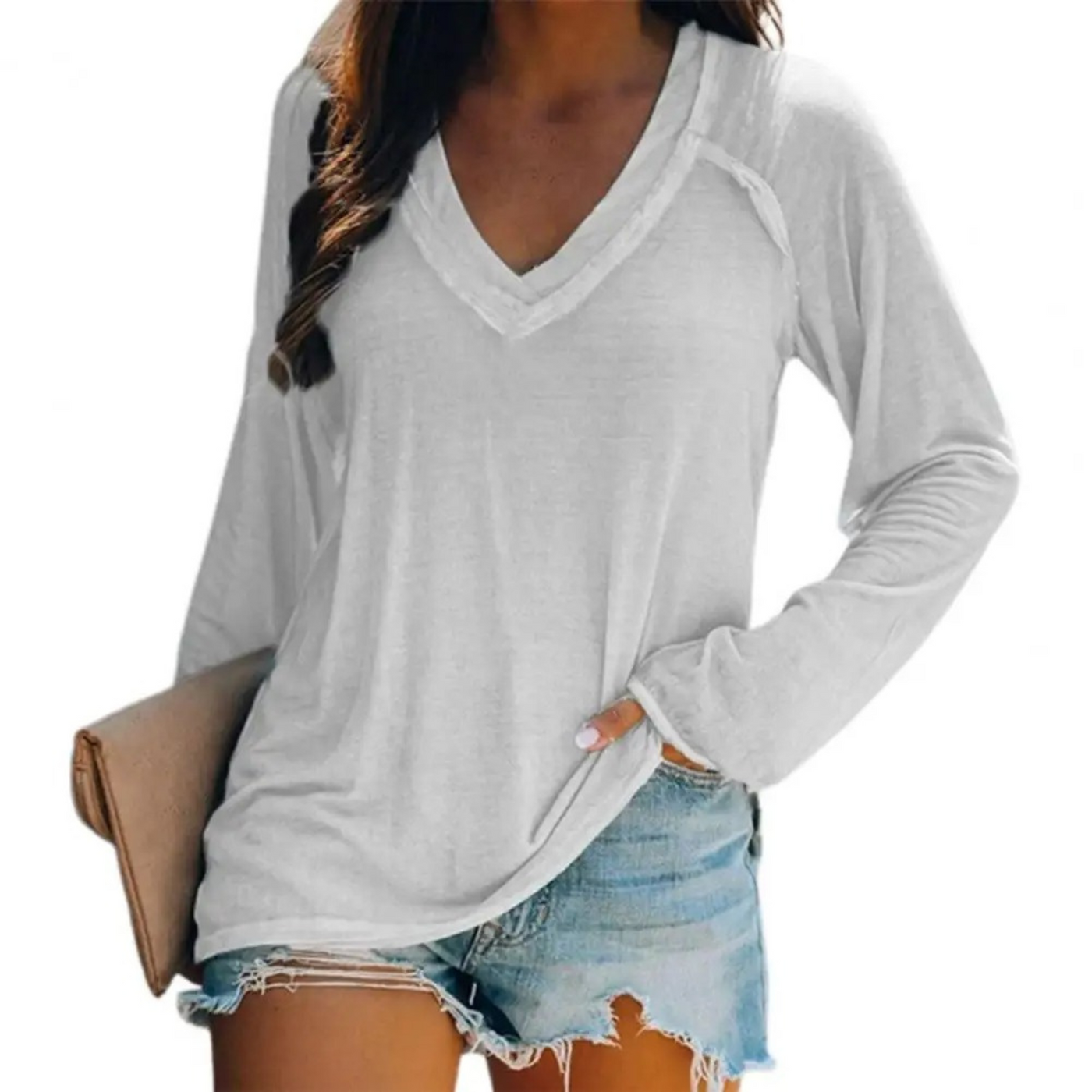 Eleanor - Élégante chemise blanche à manches longues et col en V avec coupe-vent pour femme