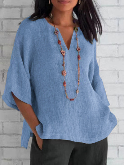 Chemisier léger en lin bleu à col en V pour femme - Manias