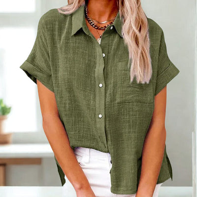Camisa de lino con cierre de botones y bolsillo de parche para mujer