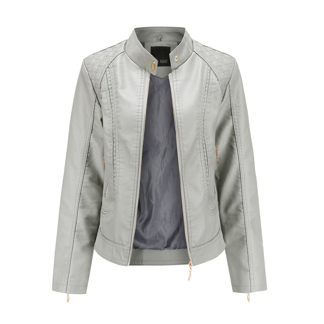 Veste en cuir PU avec cou féminin élevé
