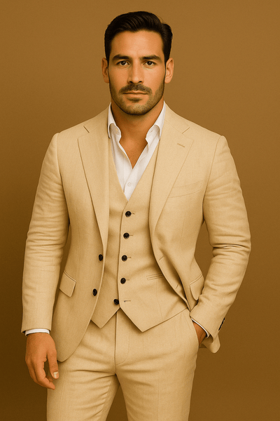 Abito da sposo da uomo in lino a tre pezzi con blazer, gilet e pantaloni