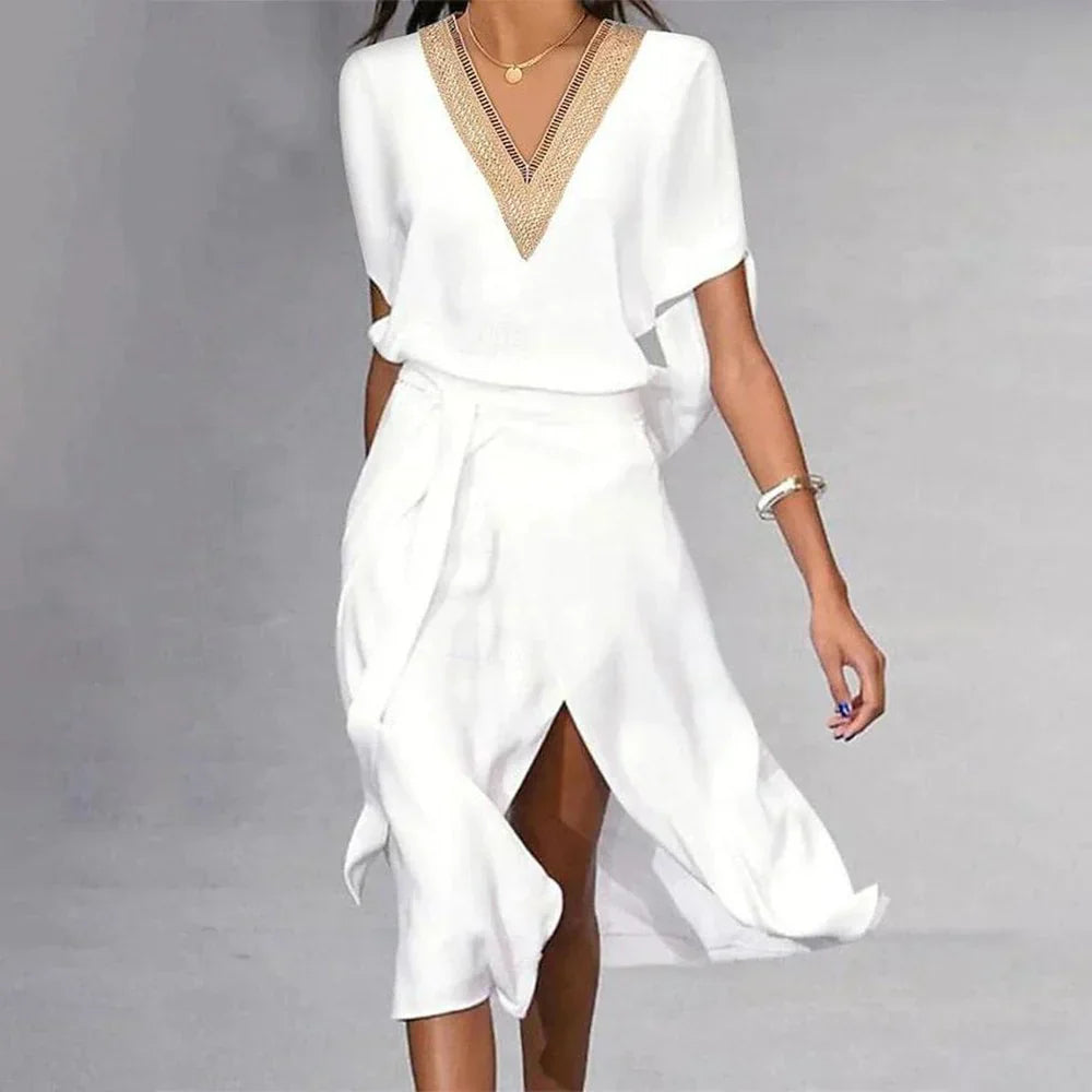 Isabella - moderno vestido midi blanco con escote en pico