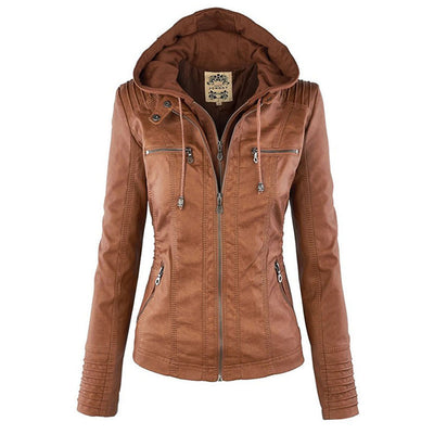 Veste en cuir PU avec capuche pour femmes
