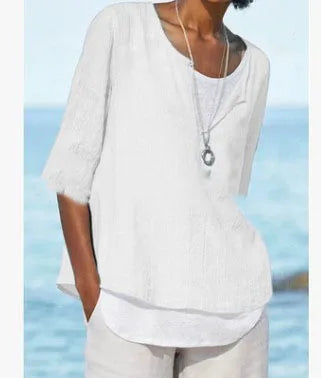 Elegante blusa de lino blanco con cuello redondo para mujer - Tamera