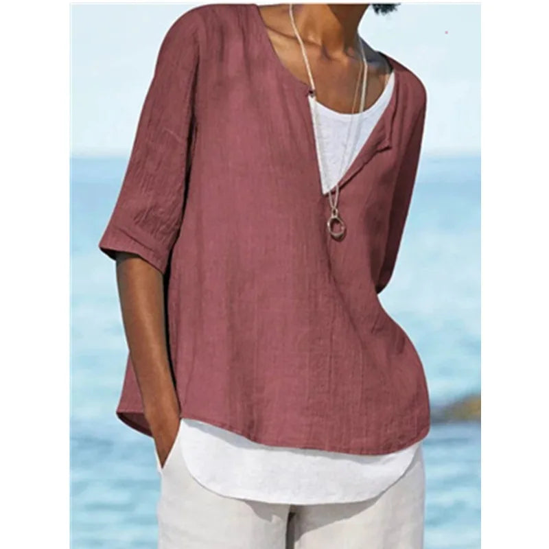 Elegante blusa de lino blanco con cuello redondo para mujer - Tamera