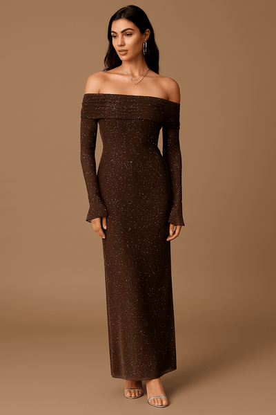 Abito lungo da donna off-the-shoulder con paillettes e maniche arricciate