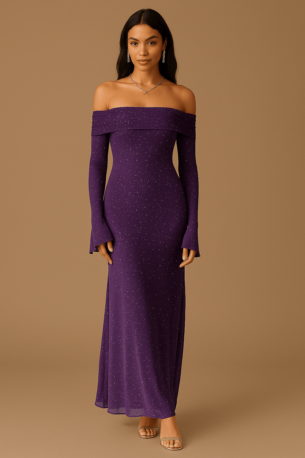 Abito lungo da donna off-the-shoulder con paillettes e maniche arricciate