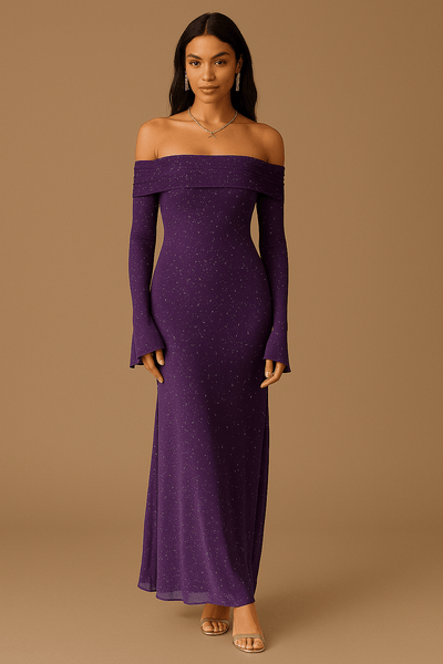 Abito lungo da donna off-the-shoulder con paillettes e maniche arricciate
