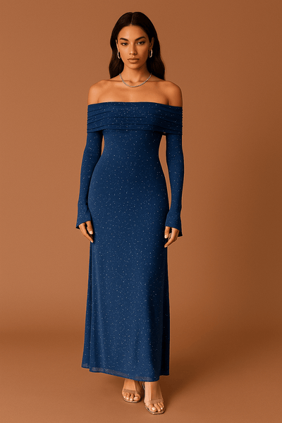Abito lungo da donna off-the-shoulder con paillettes e maniche arricciate