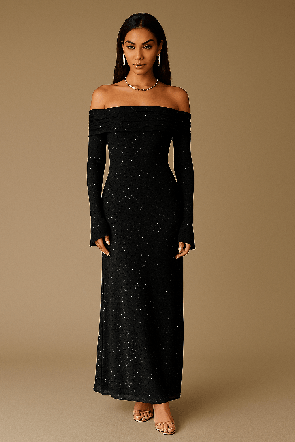 Abito lungo da donna off-the-shoulder con paillettes e maniche arricciate