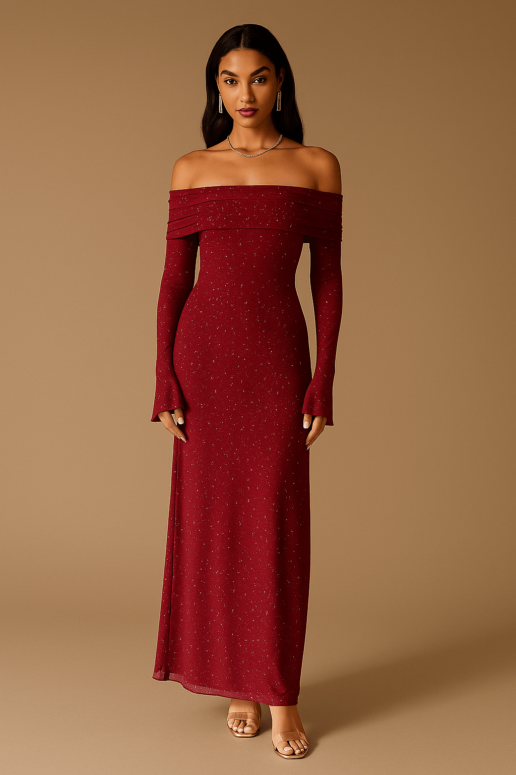Abito lungo da donna off-the-shoulder con paillettes e maniche arricciate