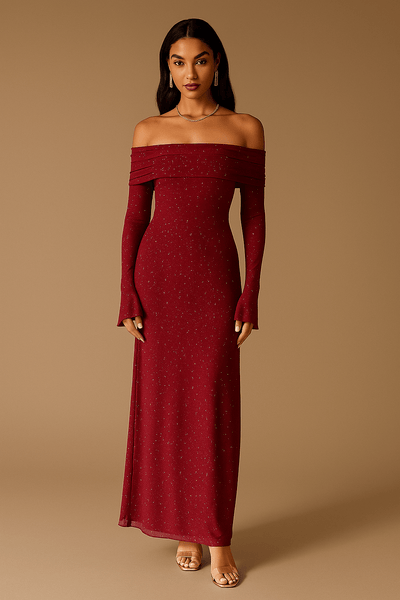 Abito lungo da donna off-the-shoulder con paillettes e maniche arricciate