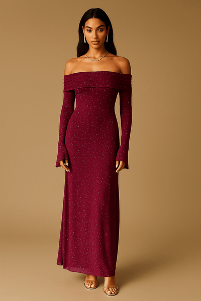 Abito lungo da donna off-the-shoulder con paillettes e maniche arricciate