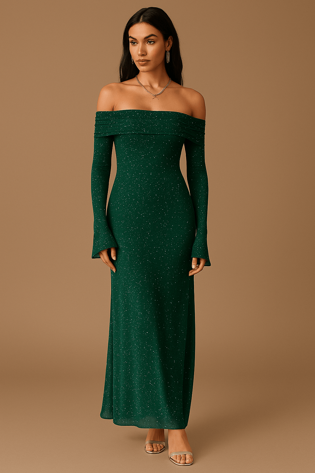 Abito lungo da donna off-the-shoulder con paillettes e maniche arricciate