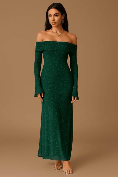 Abito lungo da donna off-the-shoulder con paillettes e maniche arricciate