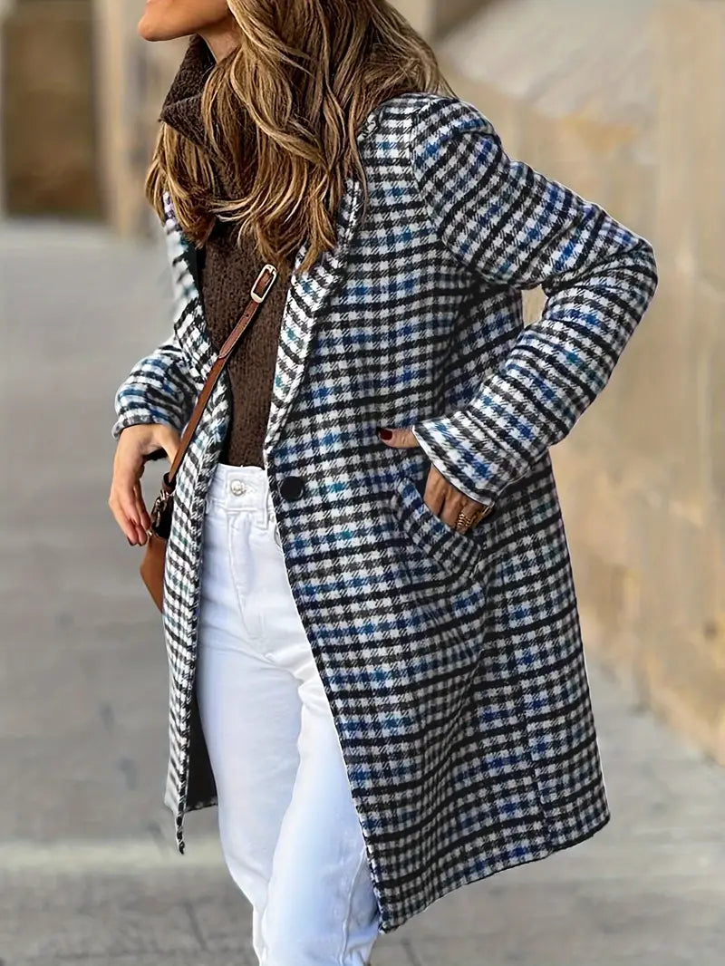 Elegante - Cappotto invernale a quadri con bottoni, poliestere