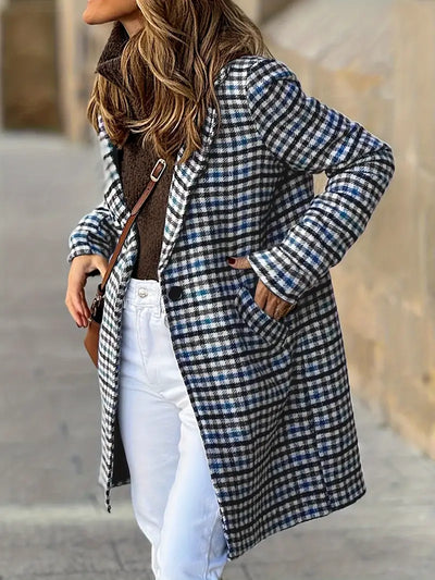 Elegante - Cappotto invernale a quadri con bottoni, poliestere