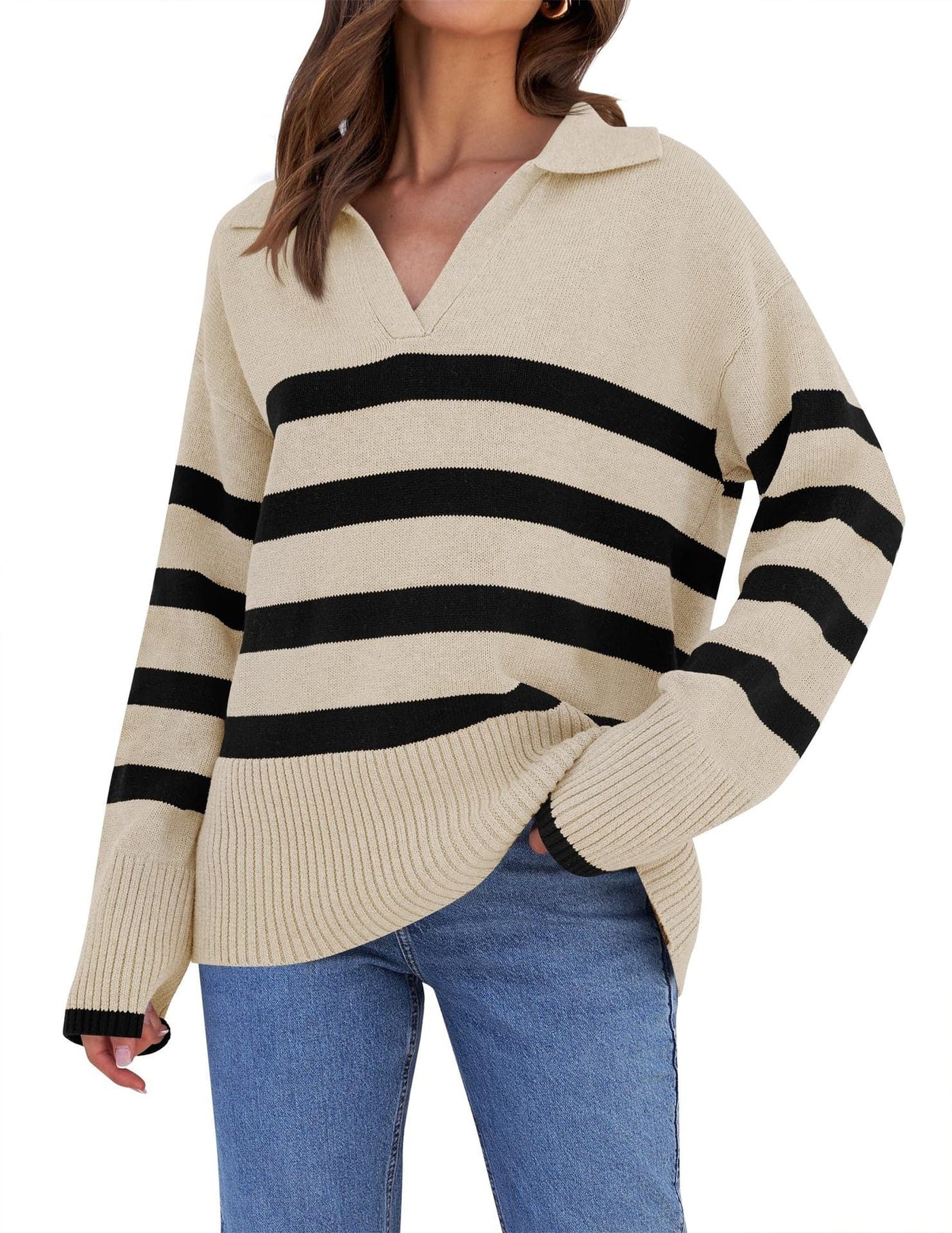 Suéter de punto con cuello a rayas para mujer | Perfecto para todas las estaciones 