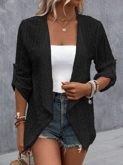 Cárdigan bohemio de crochet abierto y ligero para mujer.