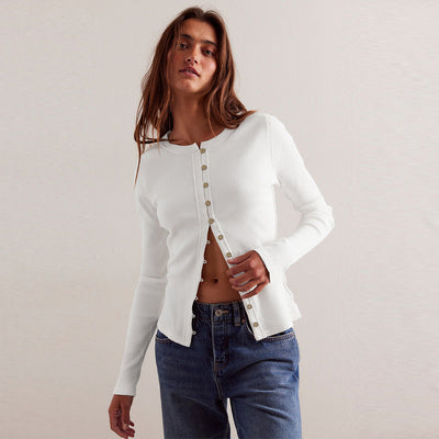 Moda perfecta | Cárdigan de punto acanalado con botones de color liso