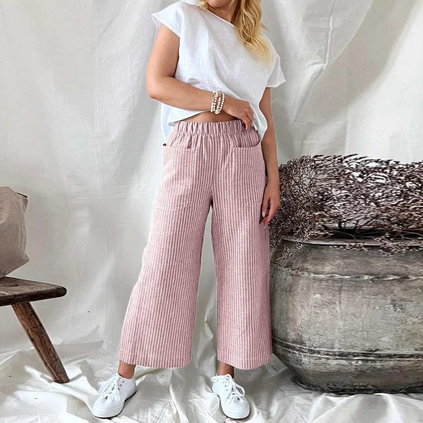 Melissa - Pantalon de loisirs large à rayures en coton et lin