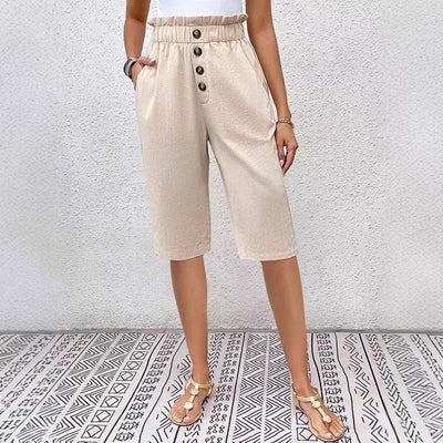 Bermuda femme - Coupe décontractée - Taille élastiquée - Boutonné sur le devant - Matière légère