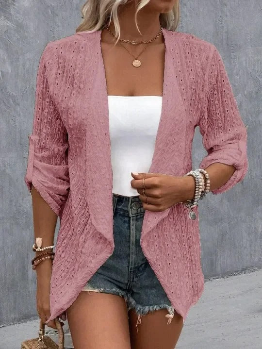 Cárdigan bohemio de crochet abierto y ligero para mujer.